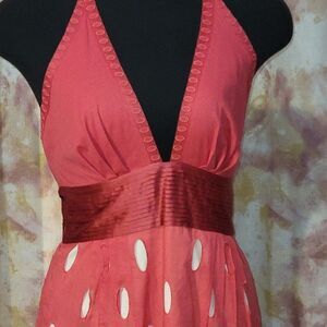 CATHARINE MALANDRINO PINK/WHITE POLKA DOT HALTER NECK DRESS